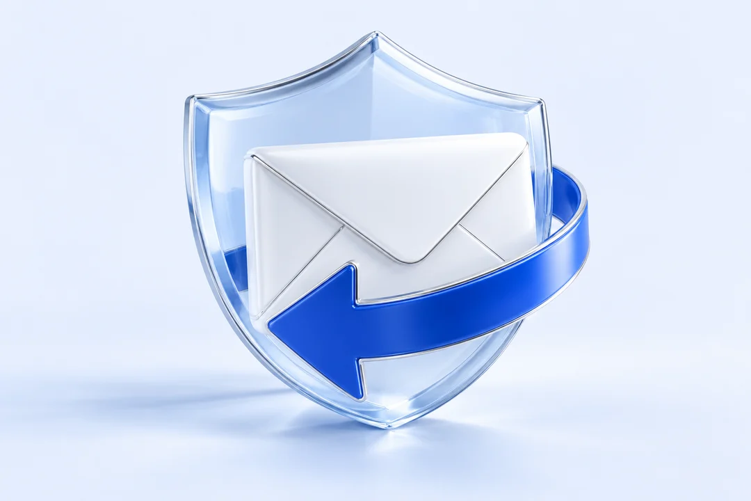 A transparent shield protecting a white envelope, wrapped in a cobalt reply ribbon