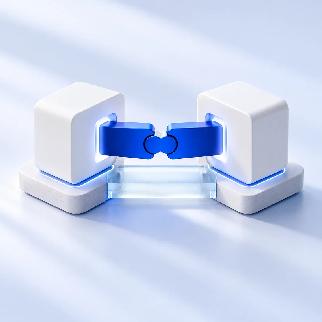 Two precise cobalt connector pieces joining white modules across a frosted glass path