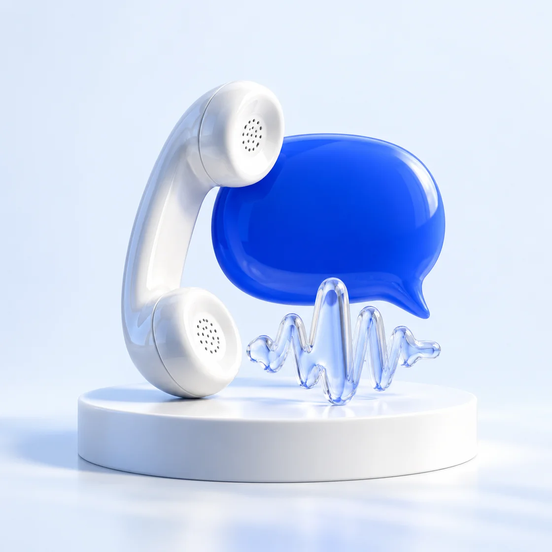 A white ceramic telephone handset beside a cobalt speech bubble and glass soundwave