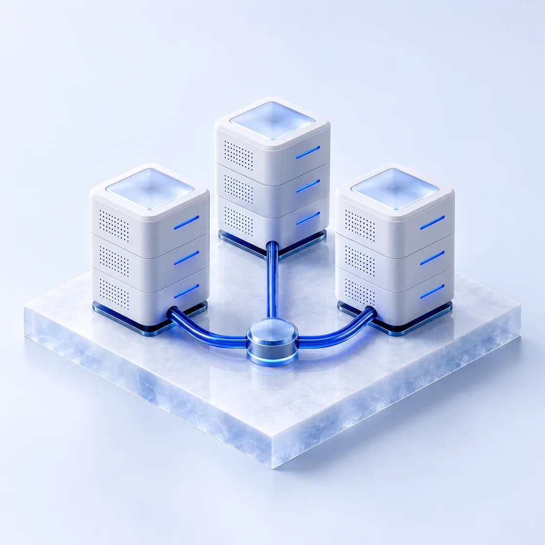 Three sculptural white server blocks linked by a precise cobalt cable on an ice blue base