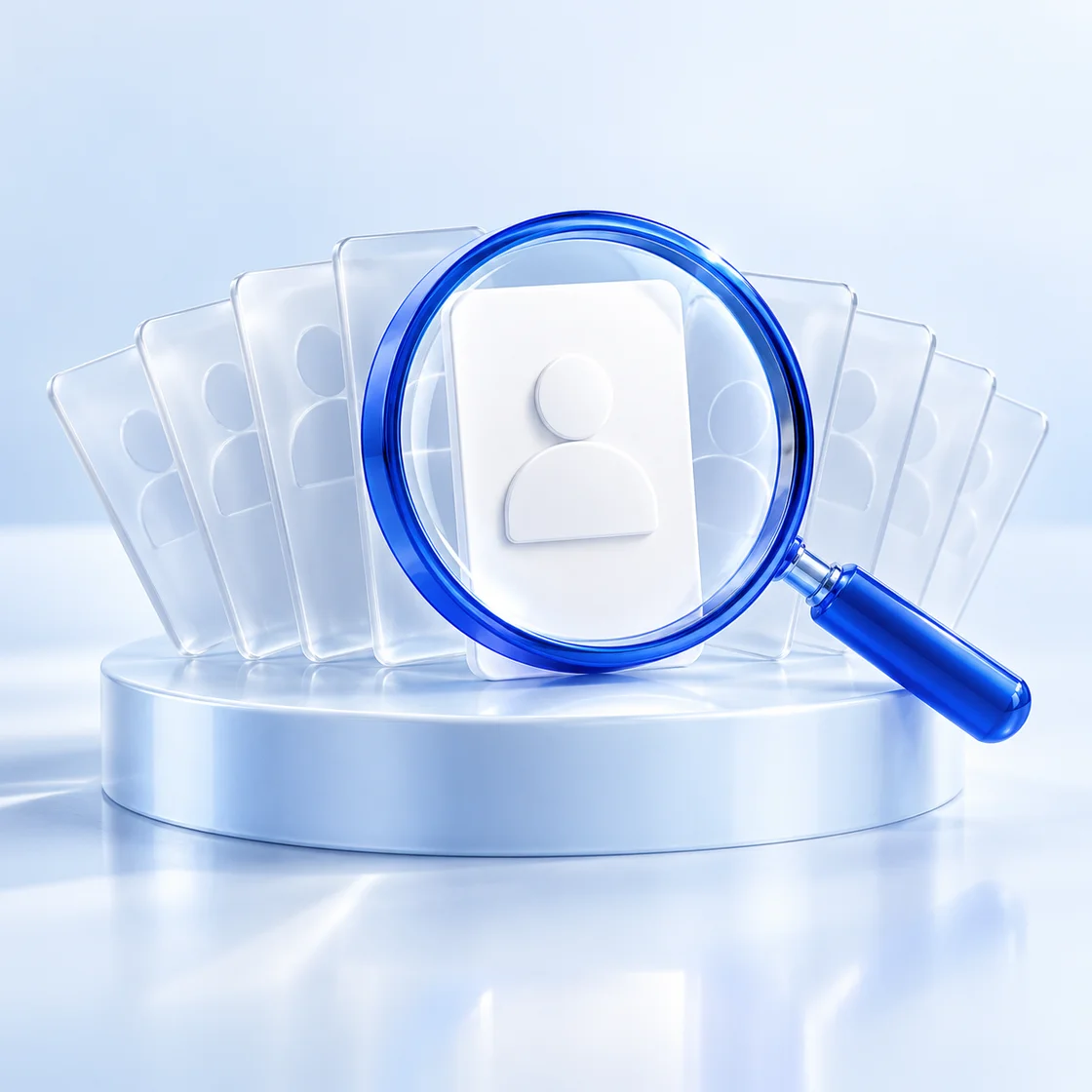 A cobalt research lens selecting a white contact card from a fan of glass cards