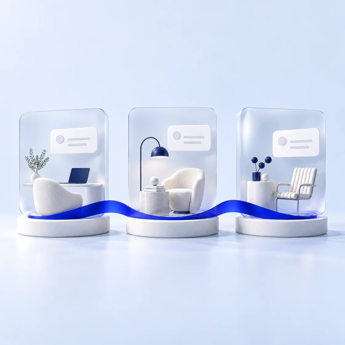 Three distinct frosted client workspaces connected by an orderly cobalt ribbon