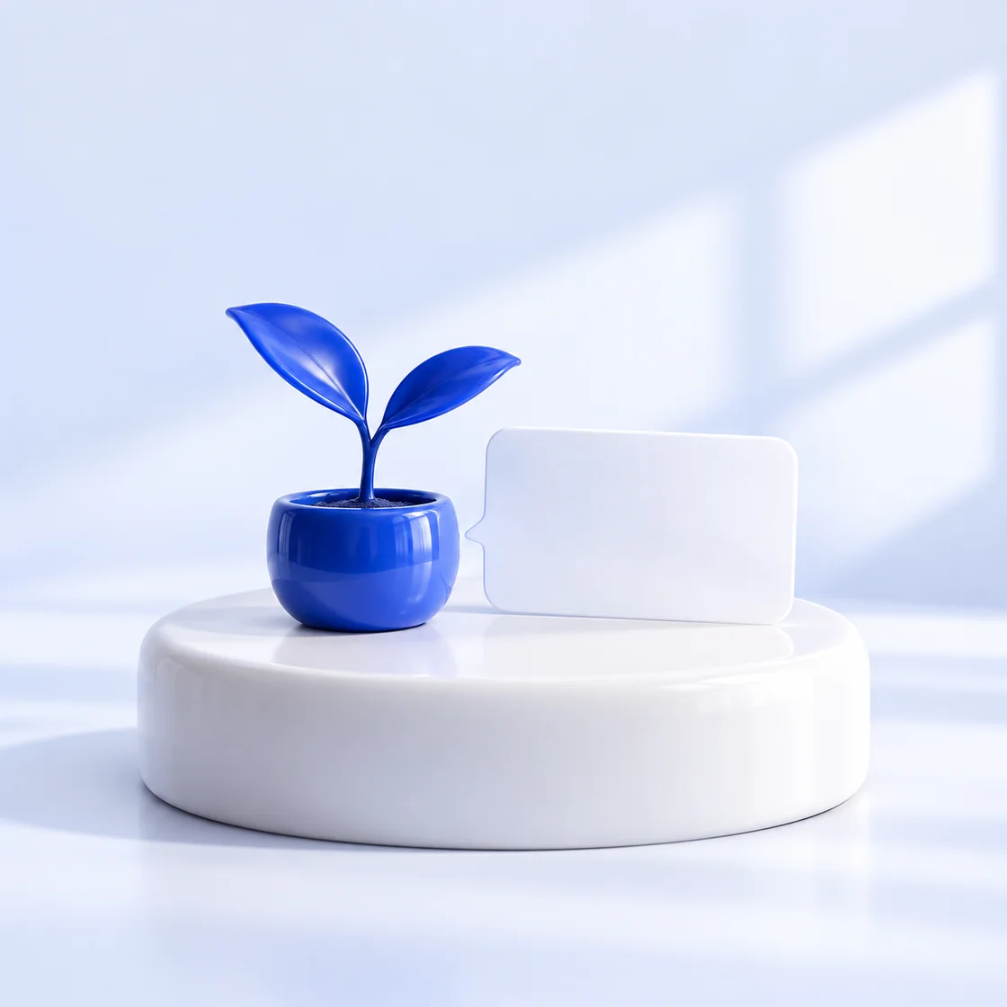 A small cobalt seedling emerging beside one white message card on a sculptural desk