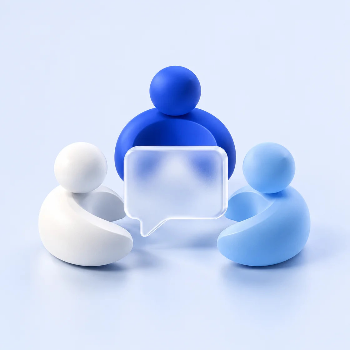Three different cobalt and white team pieces aligning around a single conversation tile